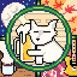 wolf drinking beer surrounded by coffee, guitar and music, maple leaves, and the moon
